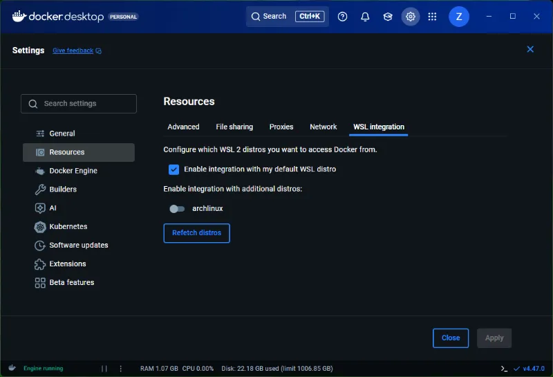 Docker Desktopの設定画面
